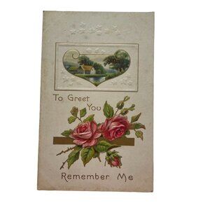 Antique Embossed Postcard Roses Cottage Scene To Greet You Remember Me Early u